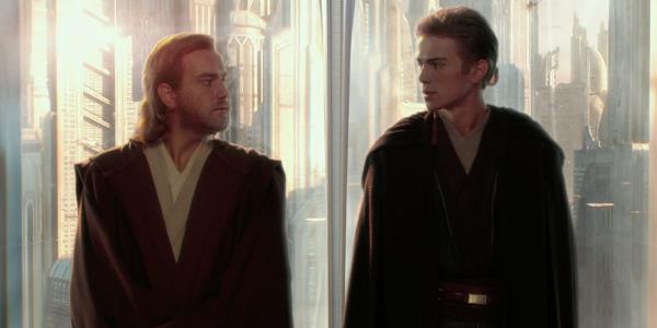 Obi-Wan Kenobi and Anakin Skywalker stand in an elevator looking at one another in Star Wars: Episode II - Attack of the Clones