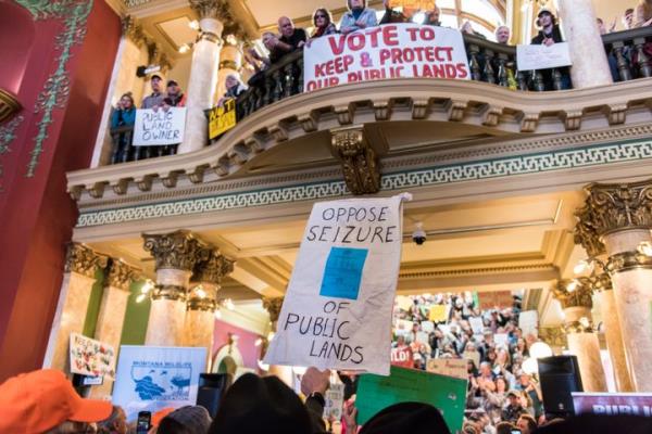 People gather at the State Capitol for a rally in support of federal public lands on Jan. 30, 2017, in Helena, Montana. Various co<em></em>nservation groups protested the idea of the federal government transferring public lands to the states or selling them off to private individuals or companies.