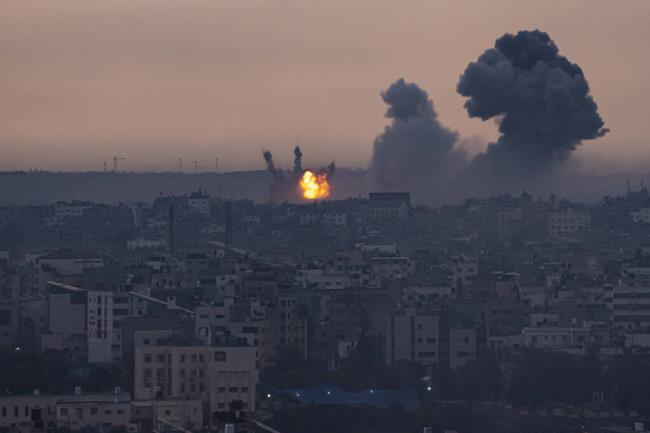 Smoke rises after the Israeli air strike in the Gaza Strip on Monday, Oct. 9, 2023. Israel's military battled to drive Hamas fighters out of southern towns and seal its borders Mo<em></em>nday as it pounded the Gaza Strip. (AP Photo/Fatima Shbair)