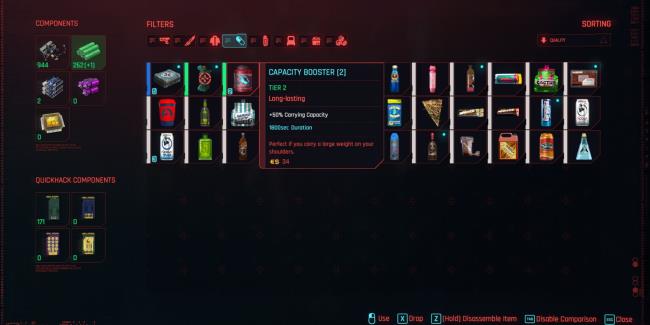 An inventory showing several items and highlighting Capacity Boosters.