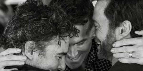 Shawn Levy Ryan Reynolds and Hugh Jackman hug after wrapping Deadpool 3