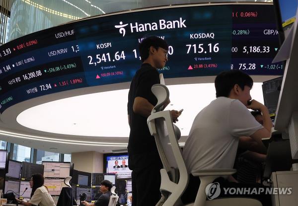 A board shows stock indexes at the dealing room of Hana Bank in Seoul on Aug. 6, 2024. (Yonhap)