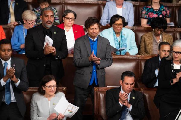 Rep. Shri Thanedar applauds on June 22 as Prime Minister Narendra Modi of India addresses a joint meeting of Co<em></em>ngress at the U.S. Capitol.