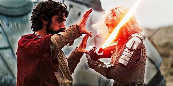 Eman Esfandi as live-action Ezra Bridger uses the Force to stop Shin Hati's lightsaber from hitting him