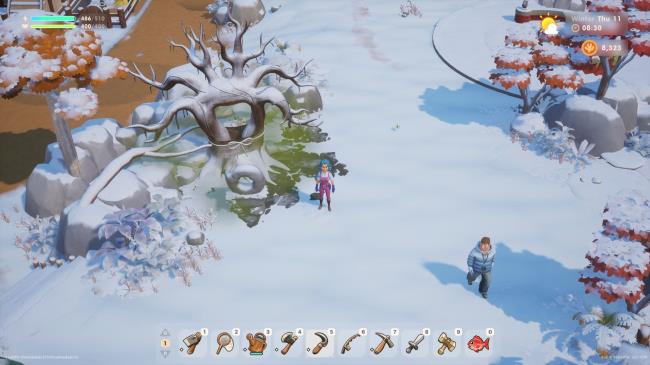 Coral Island avatar standing near a sacred site tree near the lake. The ground is covered in snow, and the character Paul can be seen taking a walk in the lower right hand side of the image. 