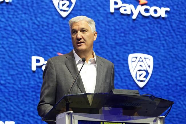 Pac-12 commissio<em></em>ner George Kliavkoff speaks at the conference’s media day last week in Las Vegas. (Lucas Peltier / ASSOCIATED PRESS)