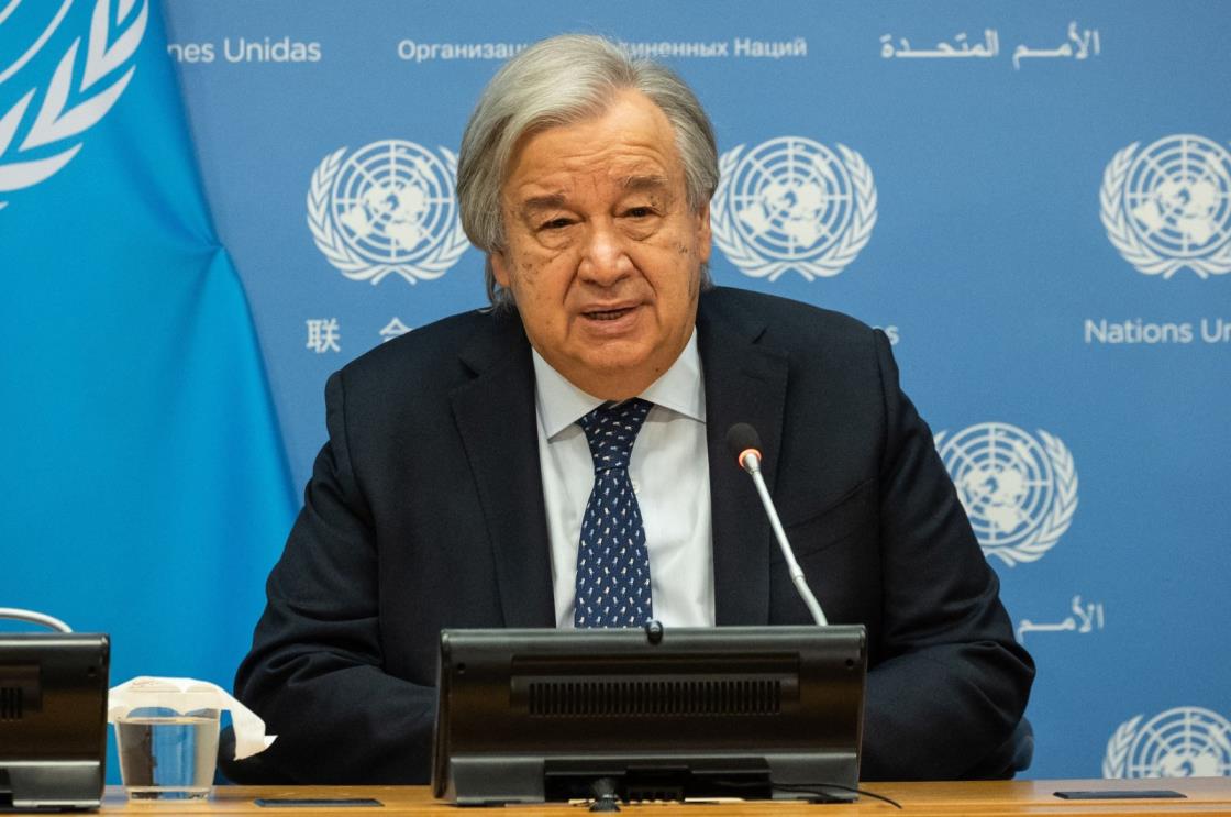 UN Secretary-General Anto<em></em>nio Guterres delivers remarks during a security council open debate on the maintenance of internatio<em></em>nal peace and security at UN headquarters in New York on Nov. 20, 2023. (AFP Photo)