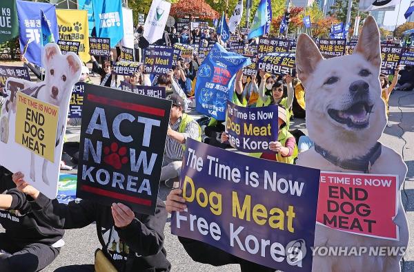 People participate in a demo<em></em>nstration calling for an end to dog meat co<em></em>nsumption in Seoul on Oct. 29, 2023. (Yonhap)