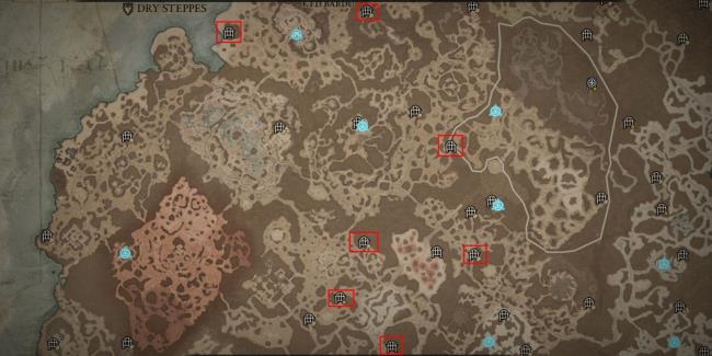 Dry Steppes Map With Highlighted Druid Dungeons In Diablo 4