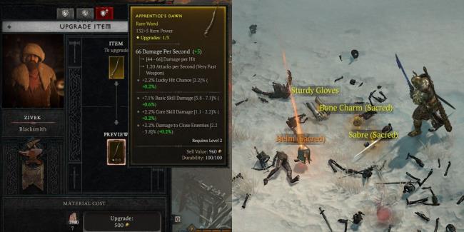 Blacksmith Gear Upgrade Tab And Sacred Items on Ground In Diablo 4