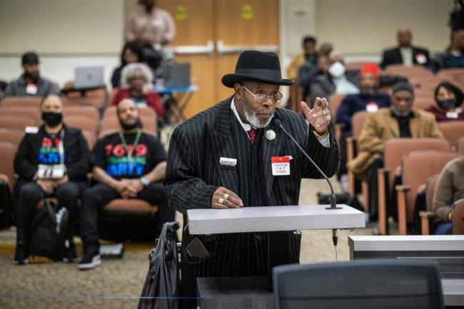 Bishop Henry C. Williams of Oakland testifies during the Reparations Task Force in Sacramento on Wednesday, March 29, 2023. Williams said he hopes to build a Black Wall Street in Oakland with all Black-owned businesses.